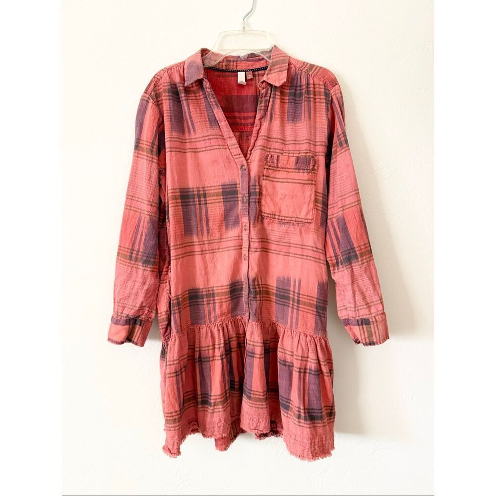 Pilcro Anthropologie Pink Plaid Long Sleeve Button Up Shirt Dress Size MP